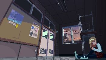 1girl animated animated_gif black_vest blinking blonde_hair blue_eyes bulletin_board ceiling desk dithering door evening floor hairband hallway hand_on_own_knee indoors kuuchuu_roukaku long_sleeves looping_animation on_floor original pixel_art red_skirt reflective_floor school_desk shoes sitting skirt solo vest white_hairband white_shoes window