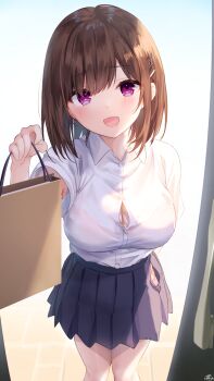1girl armpit_peek bag blue_skirt bra_visible_through_clothes breasts brown_hair button_gap childhood_friend-chan_(ramchi) cleavage collared_shirt hair_ornament high-waist_skirt highres holding holding_bag large_breasts looking_at_viewer medium_hair open_mouth original panties panty_peek partially_unzipped pink_panties pleated_skirt purple_eyes ramchi see-through_clothes shirt shirt_tucked_in shopping_bag short_sleeves skirt smug straight_hair swept_bangs underwear white_shirt x_hair_ornament