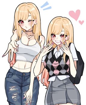 1girl absurdres argyle_clothes argyle_sweater_vest bare_shoulders belly_chain blonde_hair blue_pants blush breasts casual cleavage collared_shirt colored_tips cowboy_shot crop_top fingernails gradient_hair grey_skirt grin hands_on_own_cheeks hands_on_own_face heart heart_necklace highres jewelry kitagawa_marin large_breasts long_fingernails long_hair looking_at_viewer miovartz multicolored_hair multiple_views nail_polish navel necklace one_eye_closed pants pink_eyes pink_hair pink_nails puckered_lips shirt short_sleeves skirt smile solo sono_bisque_doll_wa_koi_wo_suru sweater_vest teeth torn_clothes torn_pants white_background white_shirt