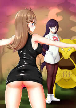 1other 2girls absurdres arms_at_sides ass black_dress blue_eyes blush bodystocking boots bottomless breasts brown_hair dress gen_1_pokemon gloves green_(pokemon) highres huge_ass kadabra large_breasts long_hair looking_at_another matching_hair/eyes medium_hair multiple_girls nintendo pokemon pokemon_adventures purple_eyes purple_hair pussy pussy_juice sabrina_(pokemon) shiny_clothes short_dress sideboob silence126 sleeveless sleeveless_dress thighs tower tree white_dress white_gloves