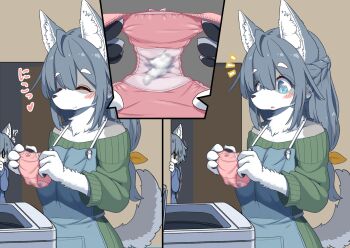 1boy 1girl age_difference animal_ear_fluff animal_ears apron blue_apron blue_eyes closed_mouth cum cum_on_clothes furry furry_female furry_male furry_with_furry hetero highres holding holding_panties holding_underwear holding_unworn_clothes incest kiori_nezumi mother_and_son onee-shota original panties peeking pink_panties scared smile snout underwear washing_machine