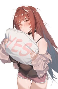 1girl absurdres black_nightgown commentary english_commentary english_text goddess_of_victory:_nikke highres holding holding_pillow nightgown official_alternate_design official_alternate_hair_color pillow rapi_(nikke) rapi_(red_hood)_(cherished_red)_(nikke) rapi_(red_hood)_(nikke) simple_background sleepwear solo twentytwo_(twenty_zwei) white_background yes-no_pillow