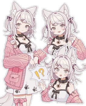 !? 1girl absurdres animal_ear_fluff animal_ears black_collar breasts cardigan center_frills collar commentary commission dog_ears dog_girl dog_tail dress frills grey_eyes highres hoshikuzu_komako indie_virtual_youtuber knit_cardigan leg_ribbon long_sleeves looking_at_viewer medium_breasts medium_hair nishi_pixel off_shoulder open_cardigan open_clothes paw_print pink_cardigan pixel_art ribbon short_dress skeb_commission sleeveless sleeveless_dress surprised sweat symbol-only_commentary tail thigh_ribbon two_side_up virtual_youtuber white_dress white_hair