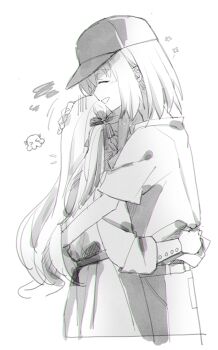 2girls bang_dream! bang_dream!_it&#039;s_mygo!!!!! baseball_cap chinese_commentary commentary_request greyscale hair_ribbon hat height_difference hug long_hair long_sleeves medium_hair misumi_uika monochrome multiple_girls rhapsode ribbon sailor_collar shirt short_sleeves simple_background togawa_sakiko upper_body white_background