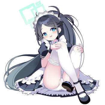 1girl absurdly_long_hair apron aqua_halo aris_(blue_archive) aris_(maid)_(blue_archive) ass black_dress black_hair blue_archive blue_eyes cameltoe clothes_pull dress frilled_apron frilled_dress frills halo highres loli long_hair maid maid_apron maid_headdress official_alternate_costume panties pantyhose pantyhose_pull puffy_short_sleeves puffy_sleeves rectangular_halo ringed_eyes short_sleeves sitting smile solo tongue tongue_out underwear very_long_hair white_apron white_panties white_pantyhose yurikawa_chatora
