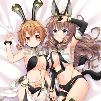 2girls alternative_girls ancient_egyptian_clothes animal_ears arimura_shion arm_up armlet armpits asymmetrical_docking bed_sheet black_sleeves black_tail black_thighhighs blue_eyes blush bracelet breast_press breasts brown_hair closed_mouth dakimakura_(medium) detached_collar detached_sleeves dog_ears double-parted_bangs drill_hair gem green_gemstone hair_ornament hair_scrunchie holding_hands jewelry large_breasts long_hair looking_at_viewer low_twintails momoi_hina multiple_girls navel official_art orange_eyes rabbit_ears revealing_clothes sample_watermark scrunchie sheet_grab short_hair short_twintails smile spiked_armlet thighhighs twin_drills twintails watermark white_scrunchie