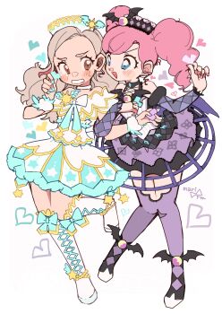 2girls :d absurdres aikatsu! aikatsu!_(series) aikatsu!_x_pripara_the_movie_-deai_no_kiseki!- amahane_madoka black_boots blue_eyes blue_nails boots cosplay detached_sleeves dress full_body heart highres idol_clothes knee_boots kurosawa_rin kurosu_aroma kurosu_aroma_(cosplay) long_hair multiple_girls nail_polish open_mouth pink_hair pink_nails pretty_series pripara purple_dress purple_thighhighs shiratama_mikan shiratama_mikan_(cosplay) smile standing standing_on_one_leg star_(symbol) star_print sun_symbol thighhighs twintails white_boots white_dress wrist_cuffs yukikokoro