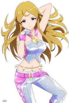 Rule 34 | 1girl, aqua eyes, arm behind head, arm up, armlet, armpits, belt, blonde hair, breasts, cleavage, closed mouth, collarbone, company name, copyright notice, cowboy shot, curly bangs, feet out of frame, fingerless gloves, flipped hair, gloves, gold armlet, gold buckle, hand on own cheek, hand on own face, idol clothes, idolmaster, idolmaster million live!, jewelry, long hair, long sidelocks, looking at viewer, medium breasts, midriff, million dreams (idolmaster), navel, official art, pants, parted bangs, pink belt, sequins, shinomiya karen, sidelocks, silver gloves, silver pants, sleeveless, smile, solo, white background, wristband