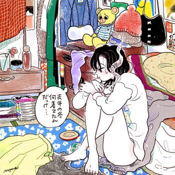 1girl absurdly_detailed_composition barefoot beanie black_eyes black_hair blush book book_stack bottle cardigan chest_of_drawers cigarette cigarette_pack colored_skin commentary crossed_legs emamemamo33 fingernails floral_print flower from_side full_body futon hat highres holding holding_cigarette indoors jacket long_sleeves medium_hair no_pants on_ground original poster_(object) rug shirt signature skirt slice_of_life solo speech_bubble stuffed_animal stuffed_toy sweat sweater t-shirt tatami teddy_bear thought_bubble toenails unworn_hat unworn_headwear unworn_jacket unworn_skirt unworn_sweater white_shirt white_skin