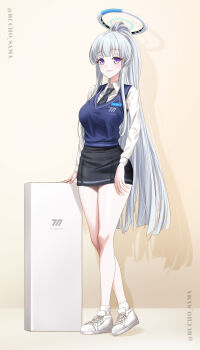 Rule 34 | 1girl, absurdres, alternate costume, alternate hairstyle, black necktie, black skirt, blue archive, blue sweater vest, blush, bucho sama, closed mouth, halo, highres, long hair, long legs, looking at viewer, necktie, noa (blue archive), ponytail, purple eyes, school uniform, shirt, shoes, sidelocks, skirt, smile, socks, solo, sweater vest, white halo, white shirt, white shoes, white socks