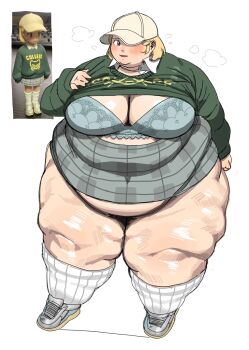 Rule 34 | 1girl, baseball cap, belly, big belly, blonde hair, blue eyes, blush, bra, breasts, cellulite, character request, cleavage, clothes lift, college shirt, covered navel, fat, fat woman, green shirt, grey bra, grey shoes, grey skirt, hat, ki-da (ipkcte5b0htjned), large breasts, obese, one eye covered, open mouth, reference inset, shirt, shirt lift, shoes, short hair, skirt, skirt around belly, sneakers, socks, solo, standing, sweat, thick thighs, thighs, underwear, white background, white hat, white socks