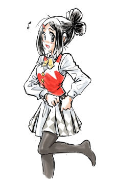 Rule 34 | 1girl, :d, adjusting skirt, alternate costume, bettie (pokemon), black eyes, black hair, collared shirt, commentary request, happy, highres, leg up, long sleeves, musical note, nintendo, open mouth, pantyhose, pleated skirt, pokemon, pokemon masters ex, red vest, school uniform, shirt, sidelocks, simple background, skirt, smile, solo, u4 99384295, vest, white background