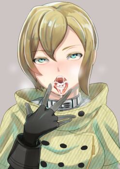 1girl accessory_(freedom_wars) after_ejaculation after_fellatio android artist_request black_gloves blonde_hair blue_eyes choker commentary_request commission cum cum_in_mouth cum_on_tongue expressionless freedom_wars gloves short_hair simple_background skeb_commission solo solo_focus steam steaming_body
