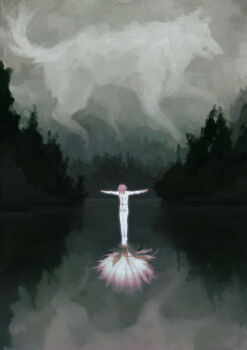 1girl absurdres bodysuit cheza clothing_cutout commentary different_reflection english_commentary flower grey_sky highres kiba navel_cutout outdoors outstretched_arms pepperhatter pink_hair reflection ripples scenery short_hair sky spread_arms symbolism thigh_cutout walking walking_on_liquid white_bodysuit white_flower wide_shot wolf's_rain