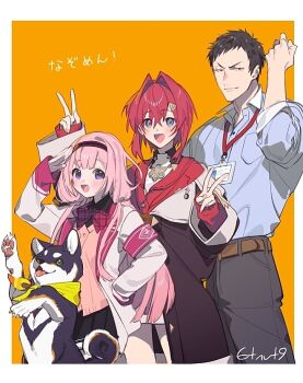 1boy 2girls 6tnut9 :d ange_katrina ange_katrina_(1st_costume) arm_up armband artist_name belt black_coat black_dog black_hair black_hairband black_skirt blue_eyes blue_shirt blush border bow bowtie breast_pocket brown_belt brown_sweater_vest cardigan clenched_hand coat colored_lapels commentary_request crossed_bangs curled_tail dog double_v dress_shirt flat_chest green_eyes grey_pants hair_between_eyes hair_intakes hair_ornament hair_over_shoulder hairband hand_on_own_shoulder hands_up height_difference id_card jacket kuroi_shiba lanyard lapels long_hair looking_at_viewer low_twintails multiple_girls narrowed_eyes neckerchief nijisanji off_shoulder open_clothes open_jacket open_mouth orange_background outside_border pants pink_hair plaid_bow plaid_bowtie plaid_clothes pocket purple_eyes rearing red_armband red_bow red_bowtie red_cardigan red_hair salute school_uniform selene_girls_school_uniform shiba_inu shirt shirt_tucked_in short_hair skirt sleeves_past_wrists sleeves_rolled_up smile suo_sango suo_sango_(1st_costume) sweater_vest translation_request triangle_hair_ornament twintails unmoving_pattern v v-shaped_eyebrows very_long_hair very_short_hair virtual_youtuber white_border white_jacket wing_collar yashiro_kizuku yashiro_kizuku_(1st_costume) yellow_neckerchief