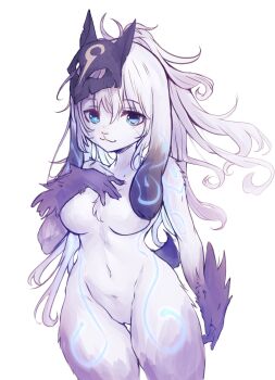1girl angel_engine_x animal_ears animal_nose arm_at_side blue_eyes body_fur breasts closed_mouth collarbone cowboy_shot female_focus furry furry_female hand_on_own_chest highres kindred_(league_of_legends) lamb_(league_of_legends) league_of_legends long_hair looking_at_viewer mask mask_on_head medium_breasts no_nipples purple_fur sheep_ears sheep_girl sheep_tail simple_background solo standing tail two-tone_fur white_background white_fur white_hair wide_hips