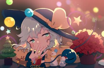 1girl absurdres black_hat blush bow christmas_tree closed_mouth eyeball frilled_sleeves frills green_eyes green_hair hat hat_bow heart heart_of_string highres komeiji_koishi long_sleeves looking_at_viewer medium_hair plant potted_plant ribbon shirt smile snowman solo star_(symbol) third_eye toroid_(621997) touhou wavy_hair wide_sleeves yellow_bow yellow_ribbon yellow_shirt