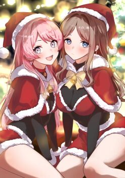 2girls bang_dream! bang_dream!_it's_mygo!!!!! bikini black_shirt blue_eyes blush breasts capelet chihaya_anon choker cleavage commentary english_commentary fang hat highres houji_tea_latte long_hair medium_breasts multiple_girls nagasaki_soyo open_mouth pink_hair red_bikini red_capelet red_choker red_hat santa_hat see-through_cleavage see-through_clothes see-through_shirt shirt sidelocks skin_fang swimsuit