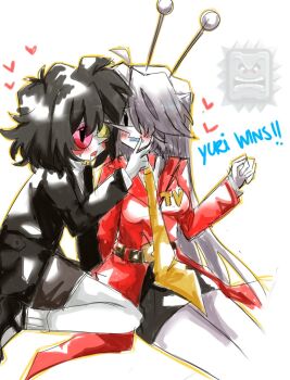 2girls ahoge animification ant_tenna arm_support arm_up belt belt_buckle black-framed_eyewear black_hair black_jacket black_shoes black_skirt blush blush_stickers buckle colored_skin commentary deltarune english_commentary english_text flipped_hair genderswap genderswap_(mtf) glasses grey_hair hair_between_eyes hair_over_one_eye hand_on_another&#039;s_face heart highres humanization jacket leaning_forward long_hair looking_at_another mary_janes miniskirt multiple_girls necktie one_eye_covered open_mouth pencil_skirt pink-tinted_eyewear pointy_nose puppet_strings radio_antenna red_jacket shayyuri21 shirt shoes short_hair simple_background sitting skirt socks solid_oval_eyes spamton_g._spamton suit_jacket tailcoat tinted_eyewear turtleneck two-tone_eyewear utdr_(toby_fox) white_background white_shirt white_skin white_socks yellow-tinted_eyewear yellow_necktie yuri