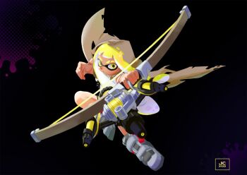 1girl 2022 agent_3_(splatoon) aiming aiming_at_viewer blonde_hair bow_(weapon) brown_cloak cloak dark-skinned_female dark_skin eyebrow_cut full_body grey_shoes highres holding holding_bow_(weapon) holding_weapon hood hood_up hooded_cloak inkling long_hair looking_at_viewer nintendo official_style overlord_jc shirt shoes short_sleeves shorts solo splatoon_(series) splatoon_3 suction_cups tentacle_hair torn_cloak torn_clothes tri-stringer_(splatoon) weapon white_shirt yellow_eyes