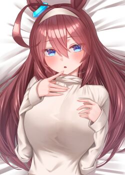 1girl absurdres ahoge alternate_costume animal_ears bed_sheet blue_eyes blush breasts brown_hair commentary_request ear_ornament fingernails hair_between_eyes hairband highres horse_ears horse_girl huge_ahoge large_breasts long_hair long_sleeves looking_at_viewer lying menchi_rishio mihono_bourbon_(umamusume) on_back on_bed open_mouth solo sweater turtleneck turtleneck_sweater umamusume white_hairband white_sweater