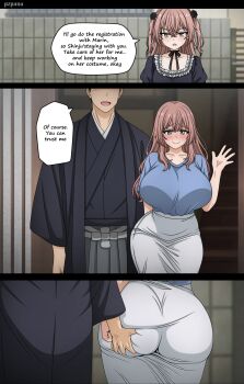 1boy 2girls ass blush breasts brown_eyes english_text gojou_wakana grabbing_another's_ass grabbing_from_behind groping hair_ornament huge_ass huge_breasts inui_sajuna inui_shinju long_hair looking_at_viewer multiple_girls netorare open_mouth pink_hair pzpana size_difference sono_bisque_doll_wa_koi_wo_suru speech_bubble twintails