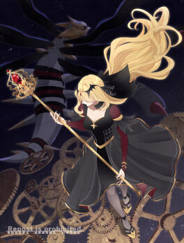 1girl black_dress blonde_hair breasts cleavage collarbone cynthia_(pokemon) cynthia_(sygna_suit)_(renegade)_(pokemon) dragon dress full_body gen_4_pokemon giratina giratina_(origin) highres holding holding_scepter legendary_pokemon long_hair medium_breasts nintendo official_alternate_costume pokemon pokemon_(creature) pokemon_masters_ex red_eyes revision sakaralalala scepter signature watermark