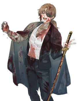 Rule 34 | 1boy, :d, ^ ^, absurdres, amputee, arm tattoo, bandages, beard stubble, belt, black belt, black coat, black pants, black suit, blood, blood in hair, blood on cheek, blood on chest, blood on clothes, blood on face, blood on hands, blood splatter, blood stain, bloody weapon, blush, bottle, broken, broken bottle, brown hair, chest tattoo, closed eyes, cloud print, coat, coat on shoulders, collared shirt, cowboy shot, dress shirt, eyepatch, facial hair, facing viewer, fang, feet out of frame, formal clothes, gregor (project moon), hair between eyes, hand on hilt, hands up, happy, highres, holding, holding glass, holding sheath, holding sword, holding weapon, joints, katana, kikkoinu, kurokumo clan (identity) (project moon), lapels, limbus company, long hair, long sleeves, looking at viewer, low ponytail, male focus, mechanical arms, neck tattoo, notched lapels, one-eyed, open clothes, open coat, open mouth, pants, parted bangs, partially unbuttoned, pectoral cleavage, pectorals, ponytail, project moon, prosthesis, prosthetic arm, sake bottle, sheath, shirt, shirt tucked in, simple background, single mechanical arm, smile, solo, standing, stubble, suit, sword, tattoo, tattoo on neck, teeth, toned, toned male, tongue, upper teeth only, v, weapon, white background, white shirt, wing collar, yellow eyes