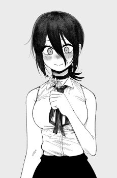 1girl blush chainsaw_man choker closed_mouth collared_shirt commentary english_commentary flower grenade_pin grey_background greyscale hair_between_eyes hair_bun highres holding holding_flower medium_hair monochrome nanann_(zxcv2186) neck_ribbon reze_(chainsaw_man) ribbon shirt simple_background sleeveless sleeveless_shirt solo upper_body