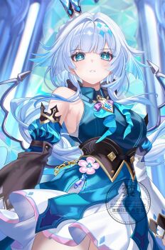 1girl alternate_breast_size_(larger) blue_dress blue_eyes blue_hair blue_wings breasts cerydra_(honkai:_star_rail) commentary crown dress hair_intakes highres honkai:_star_rail honkai_(series) large_breasts long_hair looking_at_viewer parted_lips solo sukiyart very_long_hair wings