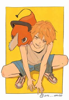 1boy bare_shoulders blonde_hair blue_shorts border chainsaw chainsaw_man colored_skin creature creature_on_shoulder denji_(chainsaw_man) full_body furrowed_brow grey_tank_top grin hair_between_eyes highres male_focus on_shoulder orange_skin pochita_(chainsaw_man) shoes short_hair shorts smile sneakers squatting tank_top teeth twitter_username uni_(uni_unico) white_border white_shoes yellow_background yellow_eyes