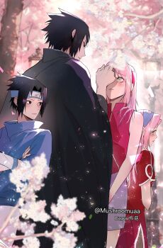 1boy 1girl back-to-back black_cape black_eyes black_hair blush cape cherry_blossoms closed_mouth dress flower forehead_protector full_body green_eyes hand_on_another&#039;s_forehead haruno_sakura headband highres konohagakure_symbol long_hair looking_at_another mushroomuaa naruto_(series) naruto_shippuuden outdoors pink_hair red_dress red_shirt shirt short_hair spiked_hair uchiha_sasuke