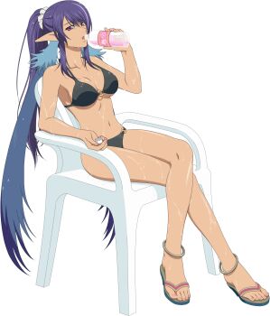 Rule 34 | 1boy, 1girl, artist request, bikini, black bikini, blue hair, bottle, breasts, chair, cleavage, collarbone, crossed legs, drinking, feet, full body, game cg, highres, holding, holding bottle, judith (tales), large breasts, legs, long hair, looking at viewer, multicolored hair, nail polish, navel, official alternate costume, official art, open mouth, pink nails, pink sandals, pointy ears, ponytail, purple eyes, purple hair, sandals, sitting, smile, solo, stomach, swimsuit, tales of (series), tales of asteria, tales of vesperia, third-party source, toenails, toes, transparent background, twintails, two-tone hair, very long hair, wet, wet clothes, wet hair