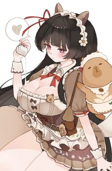 1010_(wuthering1010) 1girl absurdres alternate_breast_size_(larger) animal_ears apron black_hair blush breasts brown_dress charm_(object) chisa_(wuthering_waves) cleavage closed_mouth commentary dress fake_animal_ears heart highres horse_ears huge_breasts long_hair maid_headdress nail_polish namipon_(wuthering_waves) pouring pouring_onto_self red_eyes red_nails short_sleeves simple_background sitting solo spoken_heart thighs very_long_hair white_background wuthering_waves