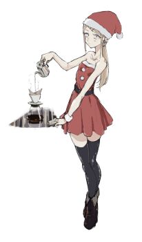 10s 1girl belt black_leggings black_thighhighs blonde_hair boots brown_boots christmas coffee coffee_maker coffee_pot commentary_request dagashi_kashi dress earrings endou_saya eyebrows_hidden_by_hair female_focus hair_ornament hat highres jewelry kettle kotoyama leggings long_hair looking_at_viewer piercing pom_pom_(clothes) pouring red_hat sanpaku santa_costume santa_dress santa_hat simple_background solo steam thighhighs white_background wrist_cuffs