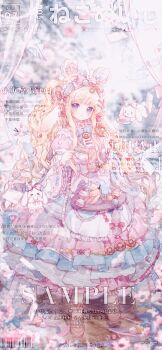 1girl :o animal_ears animated animated_gif apron barcode bear_ears blinking blonde_hair blue_bow blue_bowtie blue_hairband blue_sky blunt_bangs boqing_xiao_guafu bow bow_legwear bowtie candy_hair_ornament chinese_commentary cinnamoroll closed_mouth collared_dress commentary_request commission cup cupcake curtains dated day donut dress expressionless eyelashes fake_animal_ears floating floating_object flower food food-themed_clothes food-themed_hair_ornament frilled_anklet frilled_apron frilled_dress frilled_hairband frilled_sleeves frills full_body fuwa_fuwa_cinnamoroll hair_bow hair_ornament hairband hairclip happy highres holding holding_cup holding_food layered_sleeves light_blush lipstick lolita_fashion lolita_hairband long_dress long_hair long_sidelocks long_sleeves looking_at_viewer lop_rabbit_ears macaron makeup multiple_hair_bows nail_polish original outdoors parted_lips pink_bow pink_dress pink_flower pink_lips pink_nails pink_shoes purple_eyes rabbit rabbit_ears sample_watermark sanrio shoes short_over_long_sleeves short_sleeves sidelocks sky smile socks solo sparkle spilling spring_(season) standing sweet_lolita tareme teacup too_many_watermarks two_side_up very_long_hair waist_apron waist_bow watermark wavy_hair white_apron white_sleeves white_socks wide_sleeves