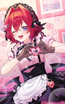 1girl :d ange_katrina apron bat_wings black_headdress black_ribbon black_skirt black_wings blue_eyes blurry blurry_background blush cafe_cutemare_uniform chest_harness commentary_request cowboy_shot crossed_bangs double-parted_bangs double_bun flat_chest frilled_apron frilled_shirt frills fukumoto_moco glint gloves gradient_eyes grey_gloves hair_between_eyes hair_bun hair_intakes hair_ornament hands_up harness heart heart_hands high-waist_skirt highres light_particles looking_at_viewer low_wings maid maid_headdress mini_wings multicolored_eyes name_tag neck_ribbon nijisanji one_eye_closed open_mouth own_hands_together picture_frame pink_eyes pink_shirt puffy_short_sleeves puffy_sleeves red_hair ribbon shirt shirt_tucked_in short_sleeves skirt smile solo virtual_youtuber waist_apron wings