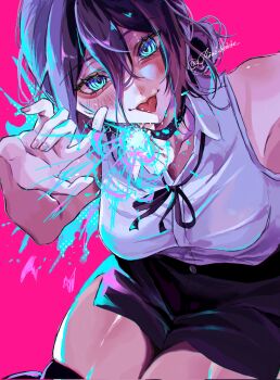 1girl black_choker black_ribbon black_shorts blue_eyes blush breasts chainsaw_man choker collarbone collared_shirt commentary_request explosion green_eyes grenade_pin hair_between_eyes hair_bun hands_up highres long_hair_between_eyes medium_breasts medium_hair neck_ribbon pink_background purple_hair reze_(chainsaw_man) riadehedehe ribbon shirt shorts sitting sleeveless sleeveless_shirt thick_thighs thighs tongue tongue_out twitter_username white_shirt