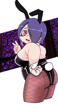 1girl absurdres animal_ears ass black_pantyhose breasts commentary_request fat fishnet_pantyhose fishnets hair_over_one_eye hands_on_own_hips highres huge_ass large_breasts lavender_(naito_gambo) naito_gambo original pantyhose pink_eyes playboy_bunny plump purple_hair rabbit_ears rabbit_tail short_hair simple_background sketch sweat tail v white_background wrist_cuffs