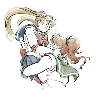 2girls bishoujo_senshi_sailor_moon blonde_hair blue_sailor_collar brown_hair carrying circlet gloves green_sailor_collar hair_bobbles hair_ornament highres hug kino_makoto mercuri0ff multiple_girls parted_bangs ponytail sailor_collar sailor_jupiter sailor_moon simple_background smile tsukino_usagi twintails white_background white_gloves