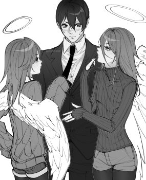 Rule 34 | androgynous, angel devil (chainsaw man), black pantyhose, blush, chainsaw man, clothes grab, commentary, cowboy shot, dress shirt, dual persona, english commentary, formal clothes, halo, hayakawa aki, highres, long hair, mewmewti, necktie, necktie grab, neckwear grab, pantyhose, shirt, short hair, shorts, simple background, suit, sweatdrop, sweater, white background