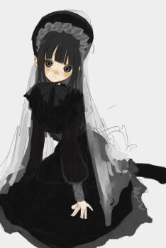 1girl black_bonnet black_dress black_eyes black_hair bonnet closed_mouth dress gothic_lolita lolita_fashion long_sleeves looking_at_viewer original sitting sketch solo uki_bukuro veil white_background