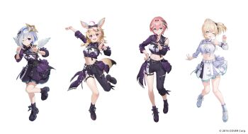 4girls :d ;d absurdres ahoge amane_kanata angel_wings animal_ear_fluff animal_ears asymmetrical_clothes black_boots black_hair black_hairband black_pants black_skirt blonde_hair blue_eyes blue_hair bob_cut boots bow braid collared_shirt colored_inner_hair commentary_request copyright_notice cropped_shirt crossed_bangs detached_sleeves double-parted_bangs double_v ekao fox_ears fox_girl fox_tail full_body grey_hair hair_between_eyes hair_bow hairband halo head_wings highres hololive hololive_idol_uniform_(color_rise) idol idol_clothes kazama_iroha lace-up_boots long_hair looking_at_viewer medium_hair midriff mini_wings multicolored_hair multiple_girls official_alternate_costume official_art omaru_polka one_eye_closed open_mouth pants pink_hair pink_wings platform_boots ponytail puffy_detached_sleeves puffy_short_sleeves puffy_sleeves purple_eyes shirt short_hair short_sleeves side_braid simple_background single_braid single_detached_sleeve single_hair_intake single_pantsleg single_sleeve skirt smile star_halo streaked_hair tail takane_lui v virtual_youtuber white_background white_boots white_skirt wings