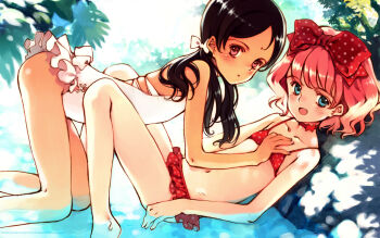 2girls aria_vancleef bikini bindi black_hair blue_eyes blush flat_chest hair_ribbon hand_on_another's_chest highres kaya_xavier legs littlewitch long_legs looking_at_viewer multiple_girls navel ooyari_ashito pink_hair ribbon shoujo_mahou_gaku_littlewitch_romanesque smile swimsuit thighs yuri