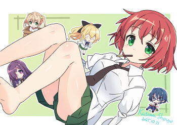 5girls absurdres amputee armless_amputee bare_legs barefoot black201_wav black_necktie blonde_hair blue_hair border box cardboard_box chibi closed_mouth collared_shirt commentary copyright_name dated food food_in_mouth foot_out_of_frame glasses green_background green_eyes green_skirt hakamichi_shizune highres ibarazaki_emi ikezawa_hanako in_box in_container katawa_shoujo long_hair miniskirt multiple_girls necktie open_mouth outline outside_border pleated_skirt pocky pocky_in_mouth purple_hair red_hair satou_lilly school_uniform shirt short_hair skirt sleeve_tied_shut solo_focus tezuka_rin white_border white_outline white_shirt