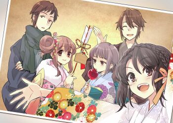 Rule 34 | 2boys, 3girls, :d, asahina mikuru, black kimono, brown eyes, brown hair, brown kimono, candy apple, closed eyes, closed mouth, crossed arms, floral print, food, green scarf, hair bun, hair ribbon, highres, holding candy apple, holding food, ito noizi, japanese clothes, kimono, koizumi itsuki, kyon, licking, long hair, long sleeves, looking at viewer, multiple boys, multiple girls, nagato yuki, official art, open mouth, photo (object), pink kimono, purple hair, ribbon, scarf, second-party source, short hair, single hair bun, smile, sos brigade, suzumiya haruhi, suzumiya haruhi no yuuutsu, teeth, tongue, upper teeth only, white kimono, wide sleeves, yellow ribbon, yukata