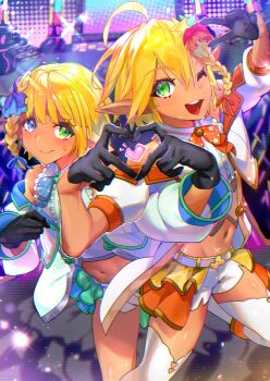 1boy 1girl aura_bella_fiora belt black_gloves blonde_hair blue_eyes braid brother_and_sister capelet crescent crescent_hair_ornament dark_elf elf frilled_shirt frilled_skirt frills gloves grey_hair hair_ornament heart heart_hands heterochromia highres idol mare_bello_fiore midriff navel official_alternate_costume overlord_(maruyama) pointy_ears shirt short_hair shorts siblings single_braid skirt sleeveless smile stage stage_lights star_(symbol) star_hair_ornament sweat thighhighs tsugu0302