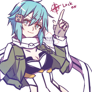 Rule 34 | absurdres, black gloves, black jacket, black leotard, black scarf, blue eyes, blue hair, breasts, cleavage, closed mouth, collarbone, commentary request, cropped jacket, fingerless gloves, gloves, green jacket, hair ornament, hairclip, hand up, highres, jacket, leotard, long sleeves, looking at viewer, medium hair, multicolored jacket, multicolored leotard, neosight, open clothes, open jacket, pointing, pointing up, scarf, simple background, sinon, small breasts, smile, sword art online, two-tone leotard, two-tone scarf, upper body, watermark, white background, white jacket, white leotard, white scarf