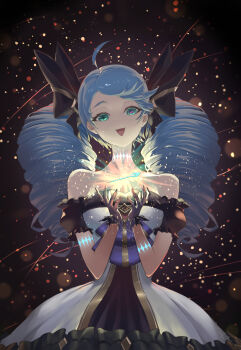 Rule 34 | 1girl, :d, absurdres, ahoge, bare shoulders, black bow, black dress, black gloves, blue hair, blush, bow, breasts, collarbone, commentary request, cowboy shot, dress, drill hair, gloves, green eyes, gwen (league of legends), hair bow, highres, large breasts, league of legends, long hair, looking at viewer, needle, open mouth, rayn87250715, sewing needle, smile, solo, twin drills, twintails, white dress