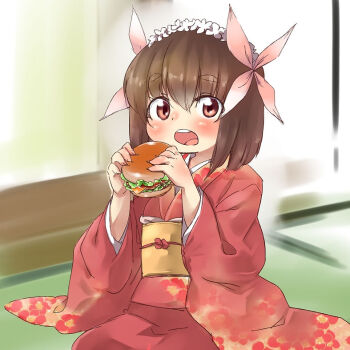 Rule 34 | 1.0-tan, 1girl, brown eyes, burger, cheese, croixsan, floral print, floral print kimono, flower, flower hairband, food, hair between eyes, holding, holding burger, holding food, image sample, japanese clothes, kimono, lettuce, long sleeves, obi, obiage, obijime, open mouth, os-tan, print kimono, red eyes, red kimono, sash, short hair, sitting, solo, tatami, teeth, upper teeth only, white flower, yellow sash
